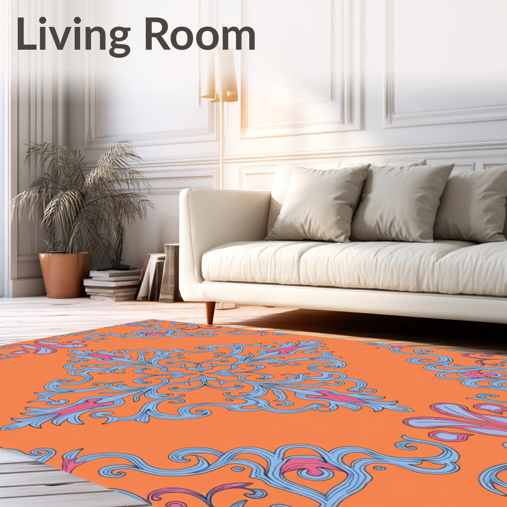 Vibrant Orange Blue Pink Floral Scrolls Rug