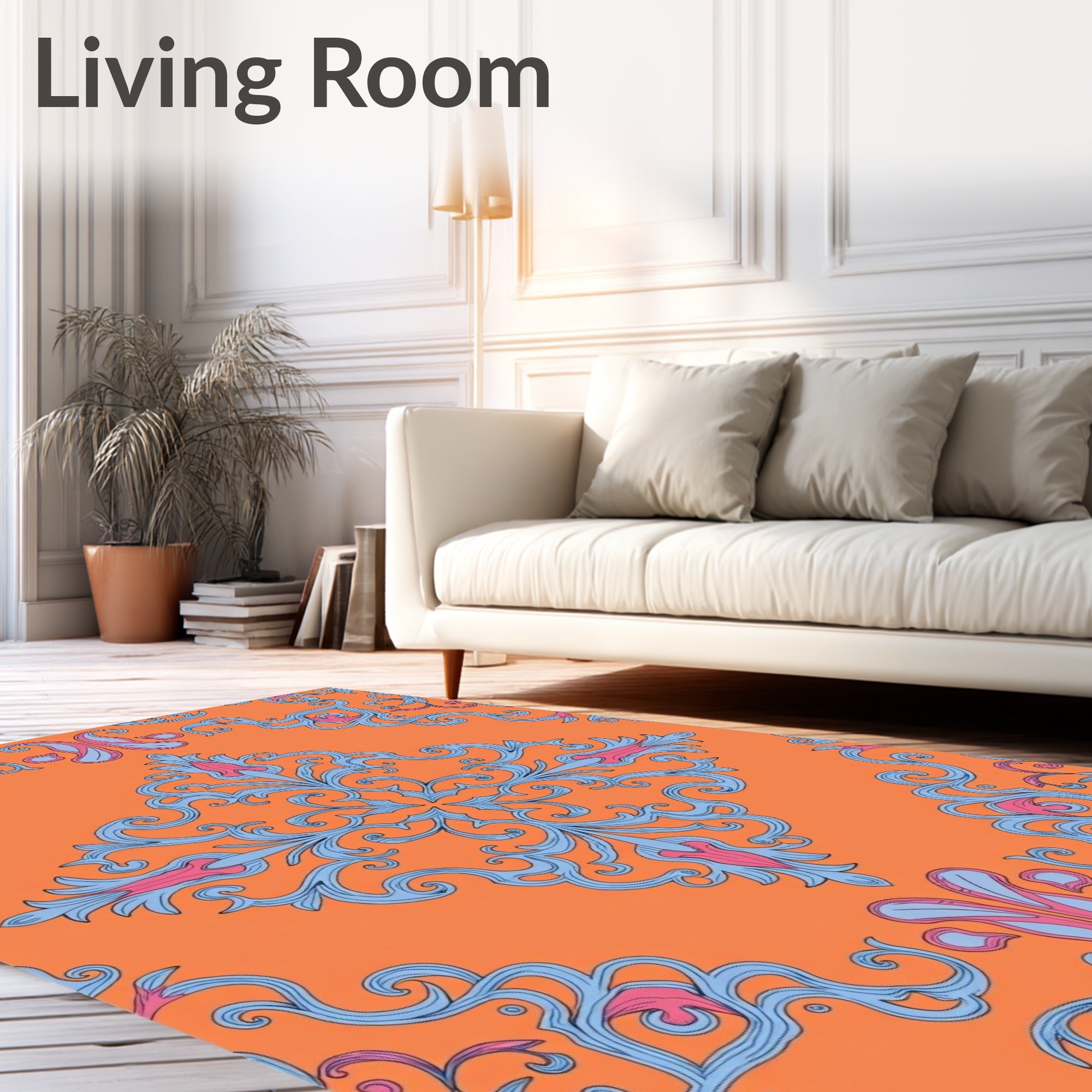 Vibrant Orange Blue Pink Floral Scrolls Rug