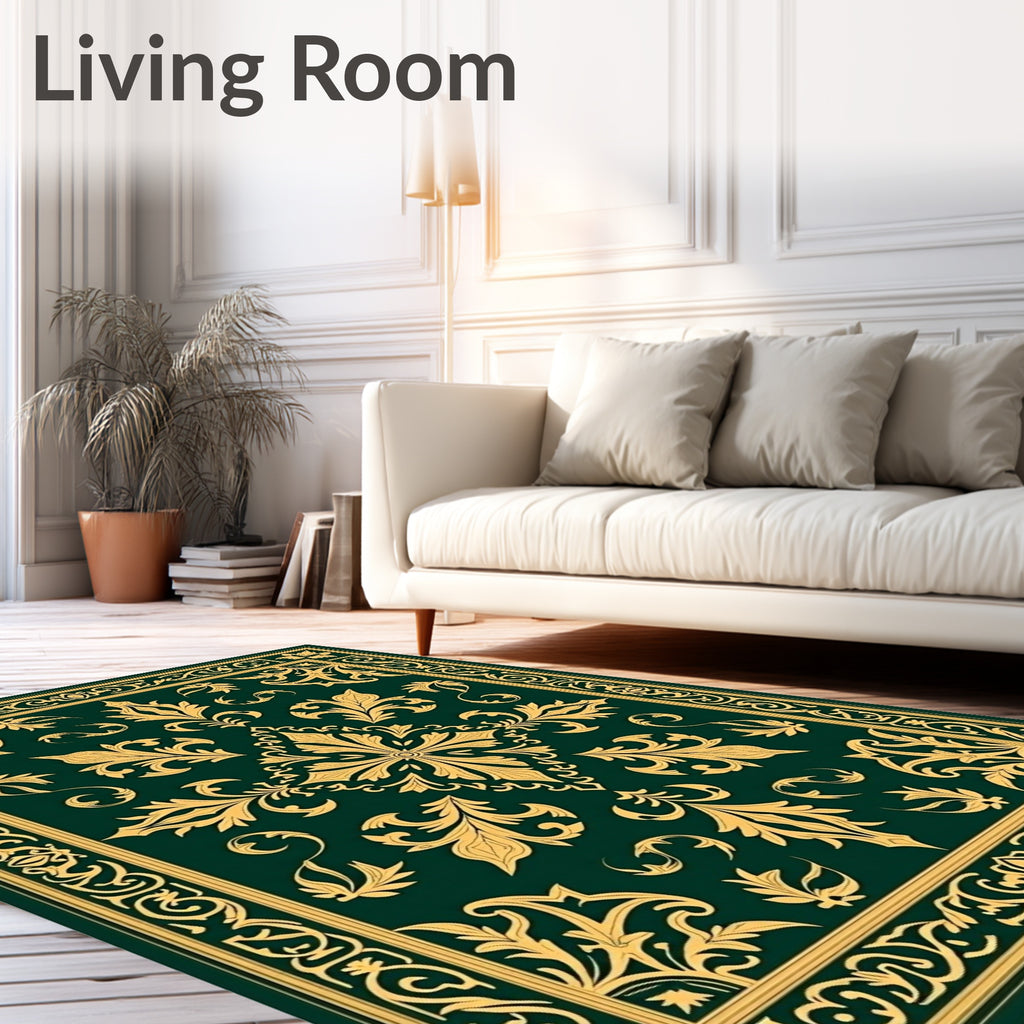 Golden Ornate Floral Border Emerald Rug