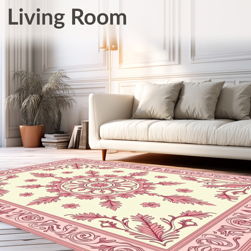 Traditional Pink Floral Medallion Cream Rug