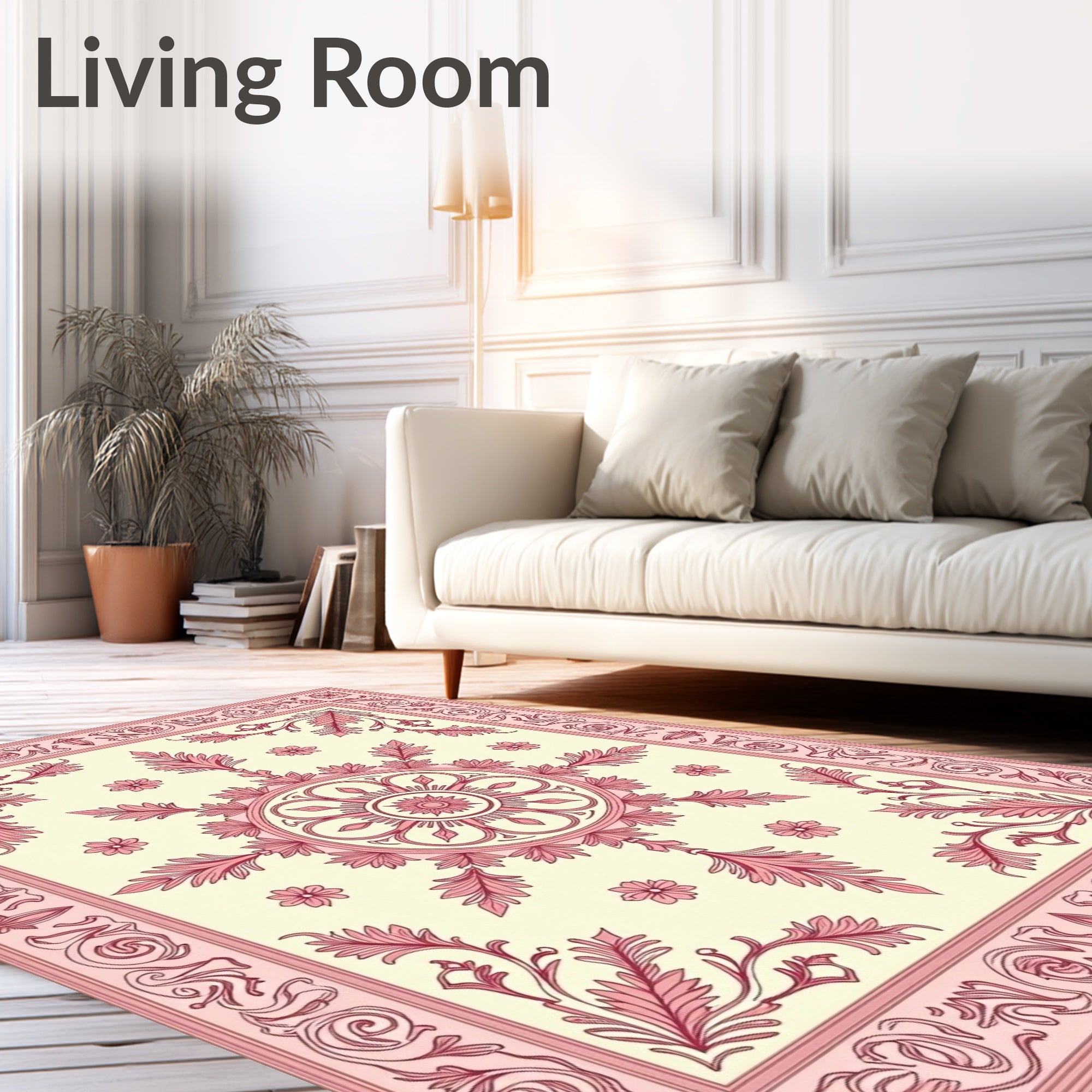Traditional Pink Floral Medallion Cream Rug