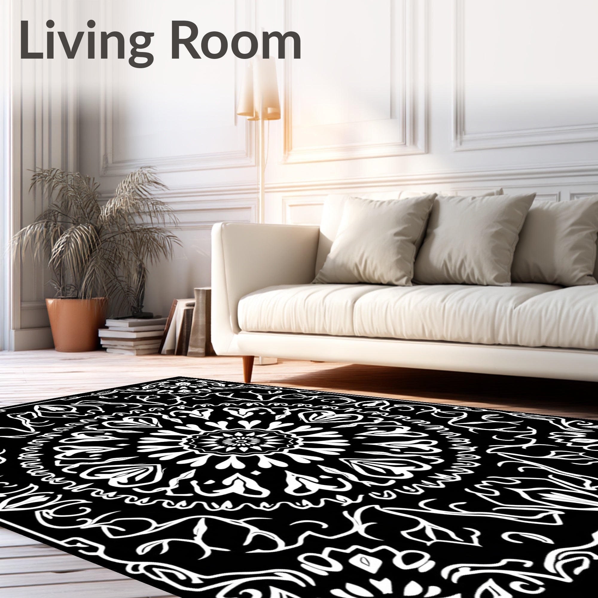 Black White Floral Mandala Symmetry Rug