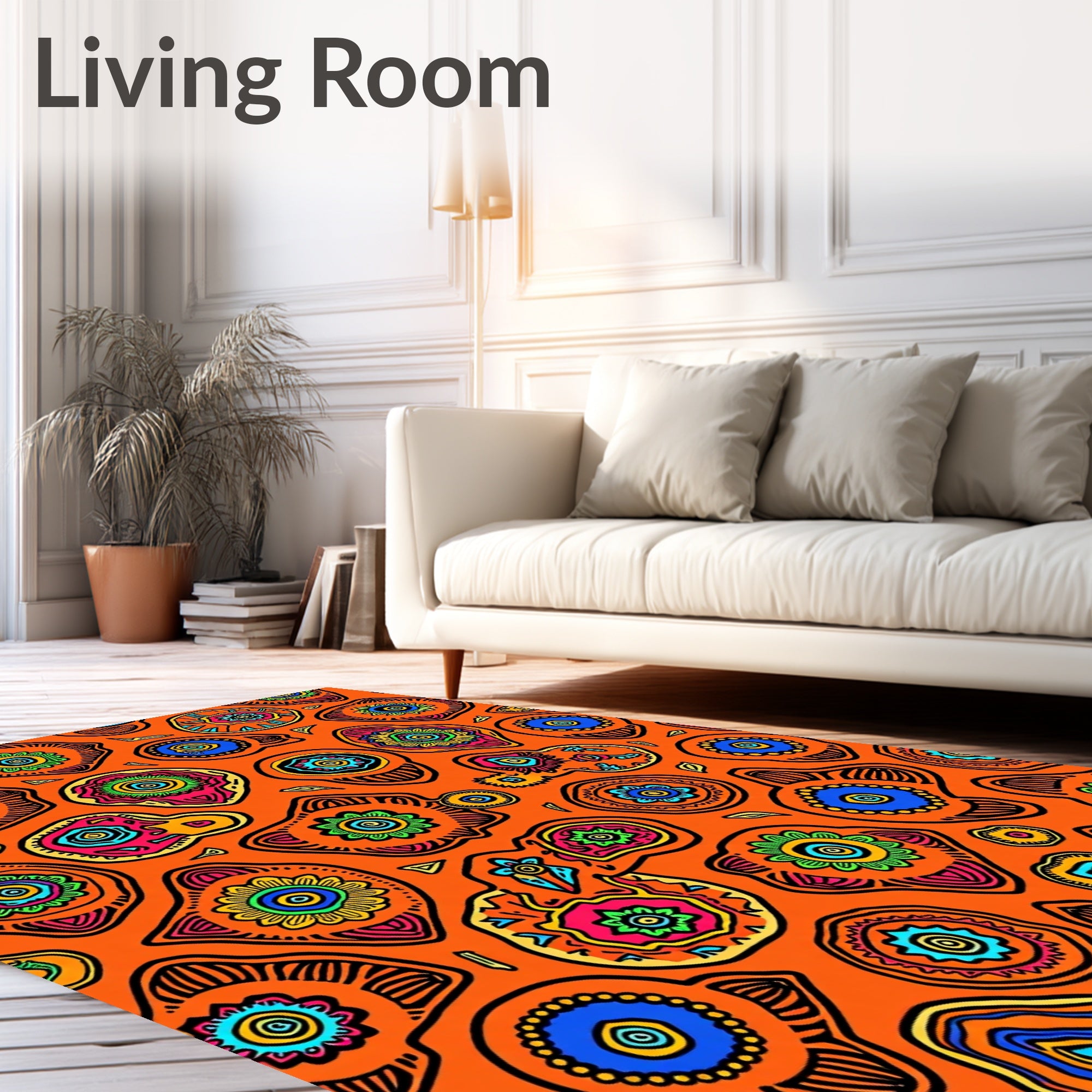 Vibrant Orange Folk Art Blooms Rug