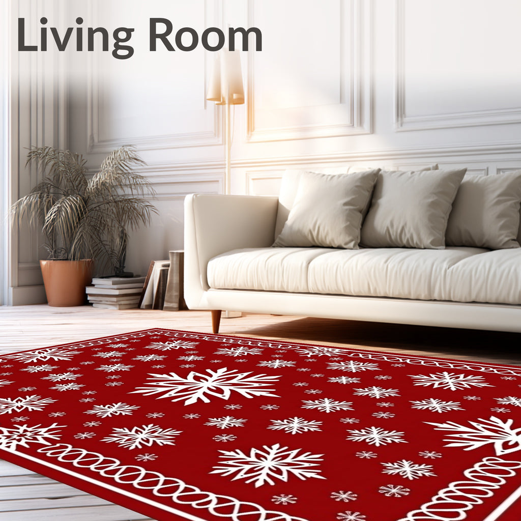 Crimson White Snowflake Medallion Border Rug