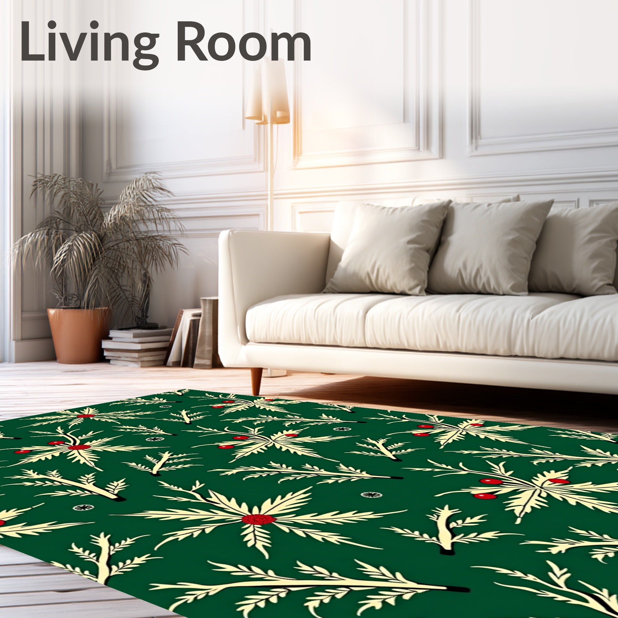 Forest Green Cream Berry Branch Folk Art Rug