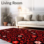 Crimson Floral Scroll Black Rug