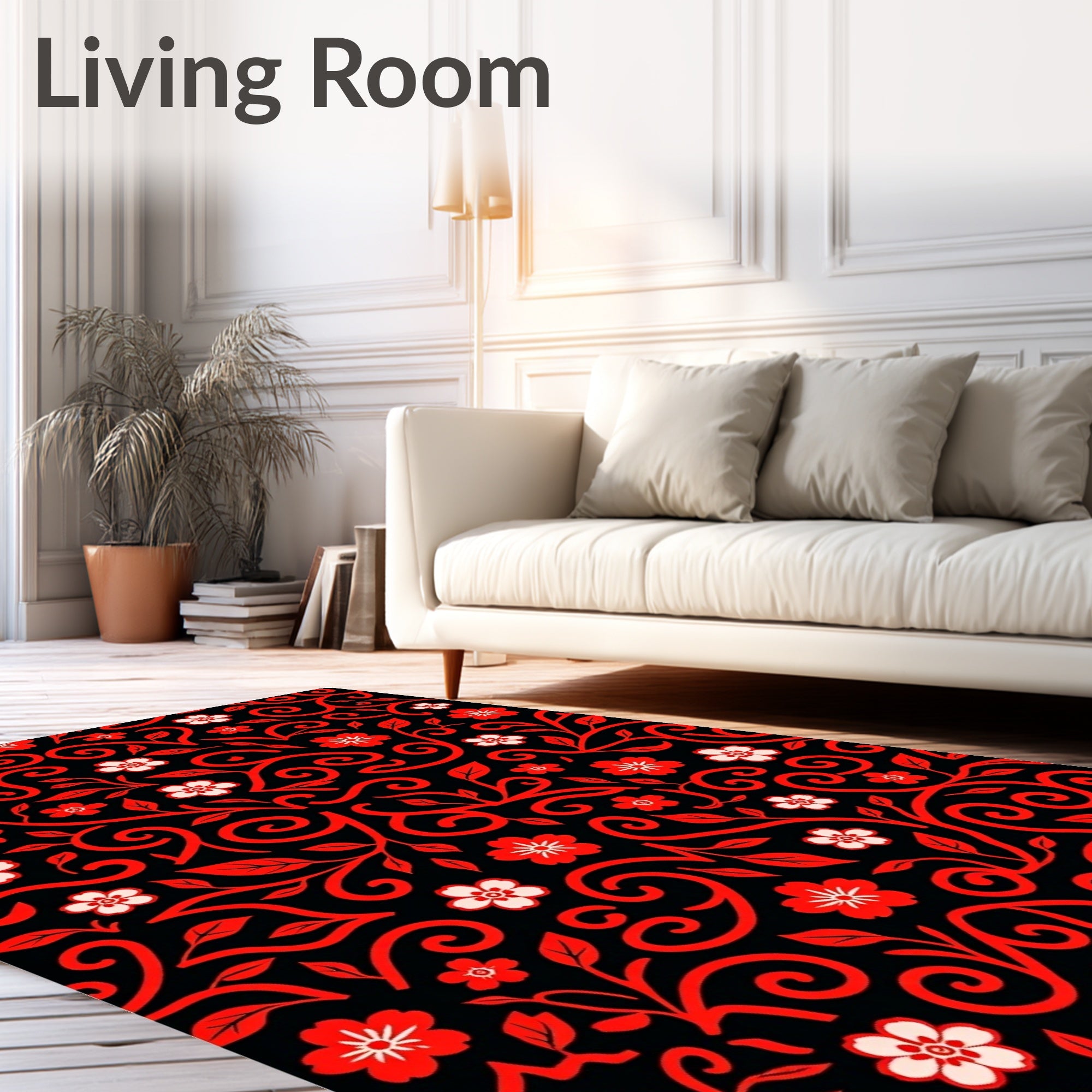 Crimson Floral Scroll Black Rug