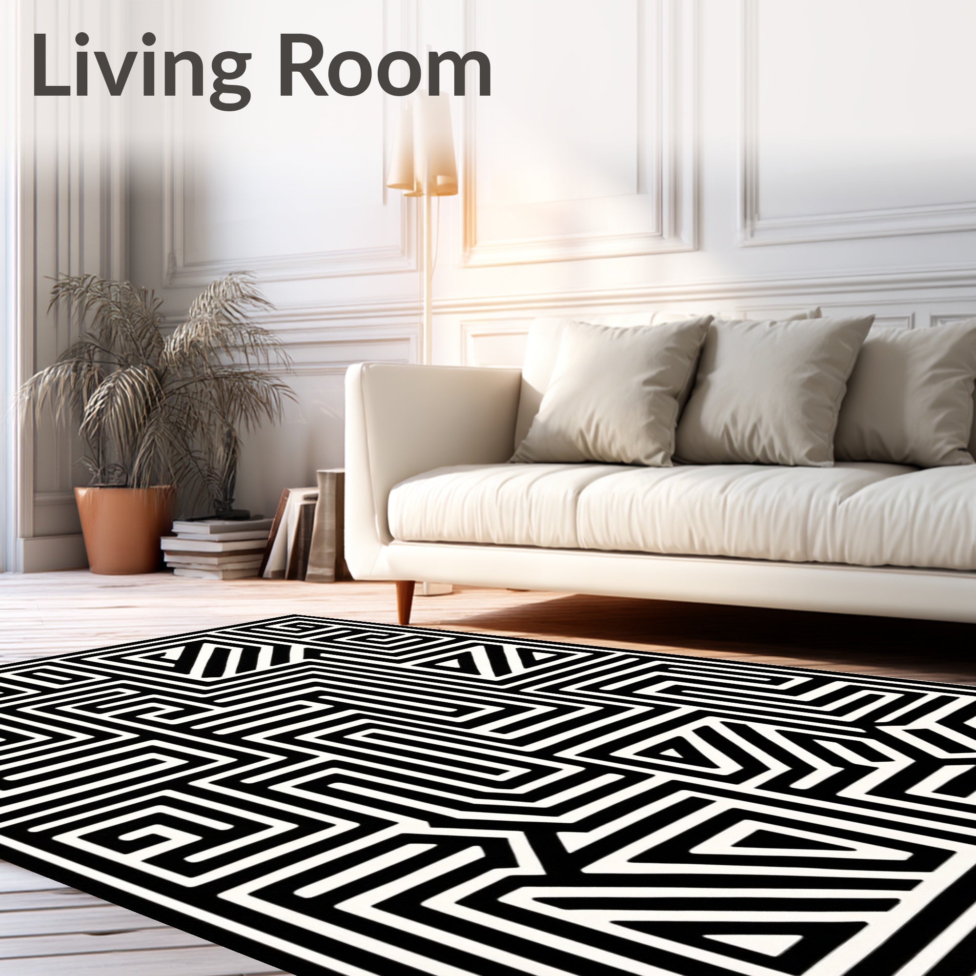 Monochrome Maze Geometric Black White Rug