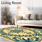 Golden Teal Floral Scroll Mandala Rug