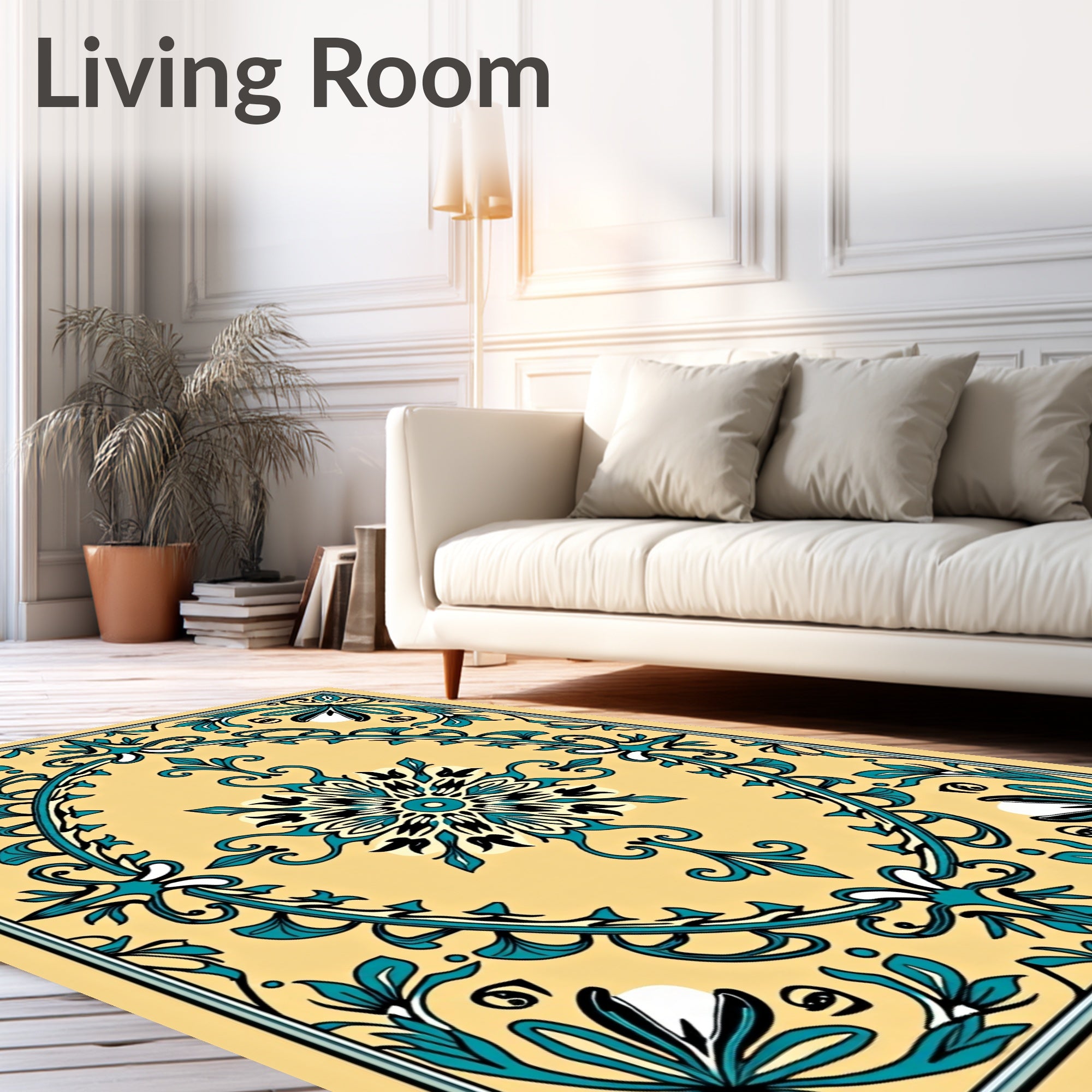 Golden Teal Floral Scroll Mandala Rug