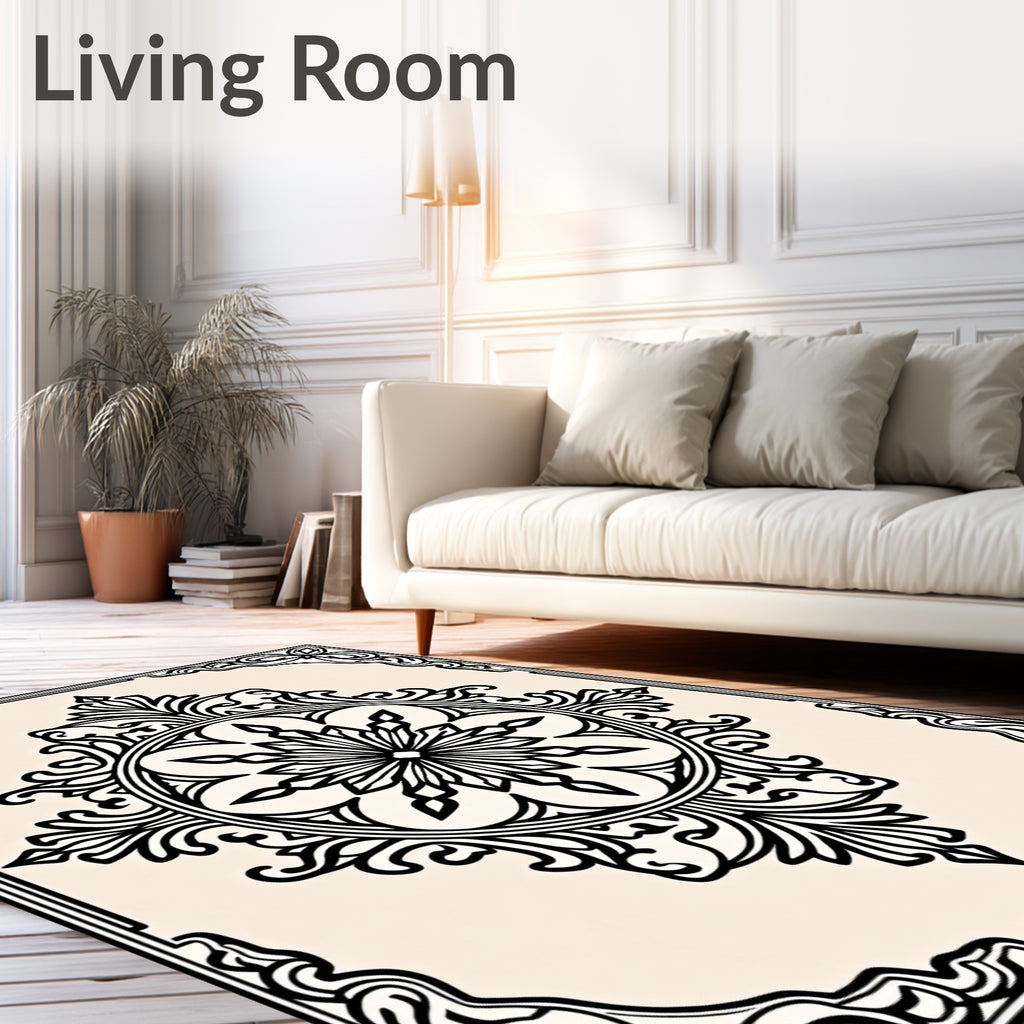 Black Cream Arabesque Medallion Border Rug