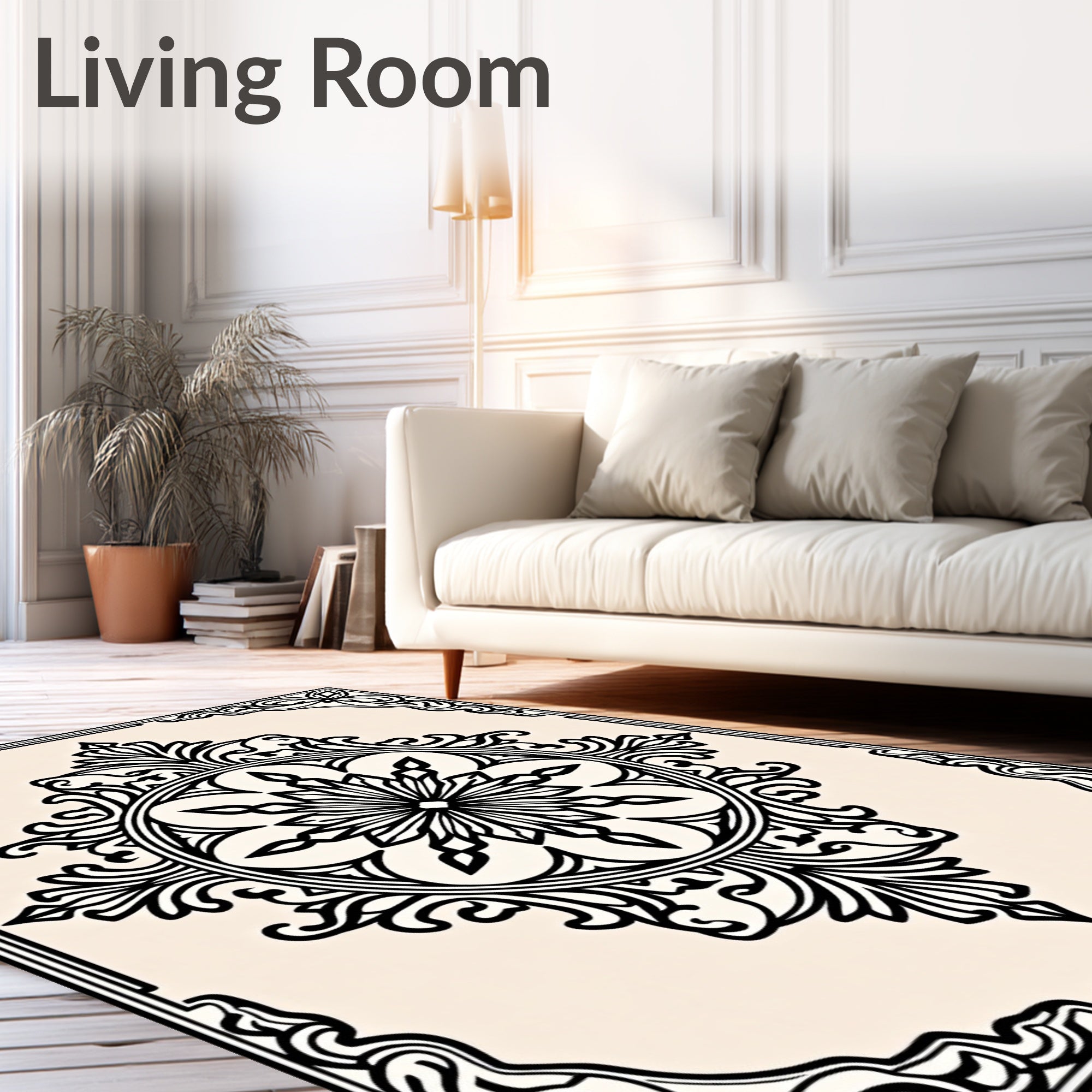 Black Cream Arabesque Medallion Border Rug