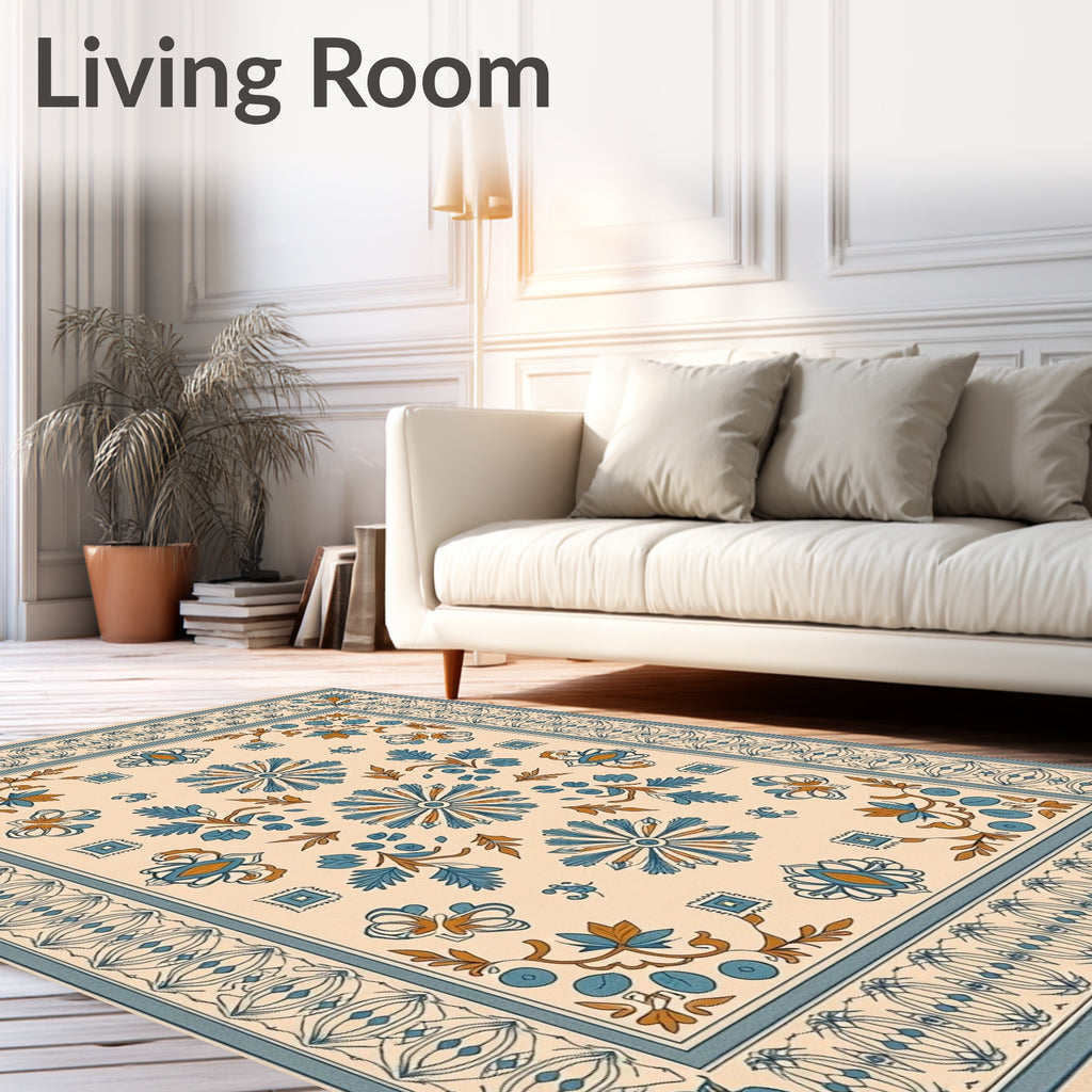 Cream Blue Floral Arabesque Rug