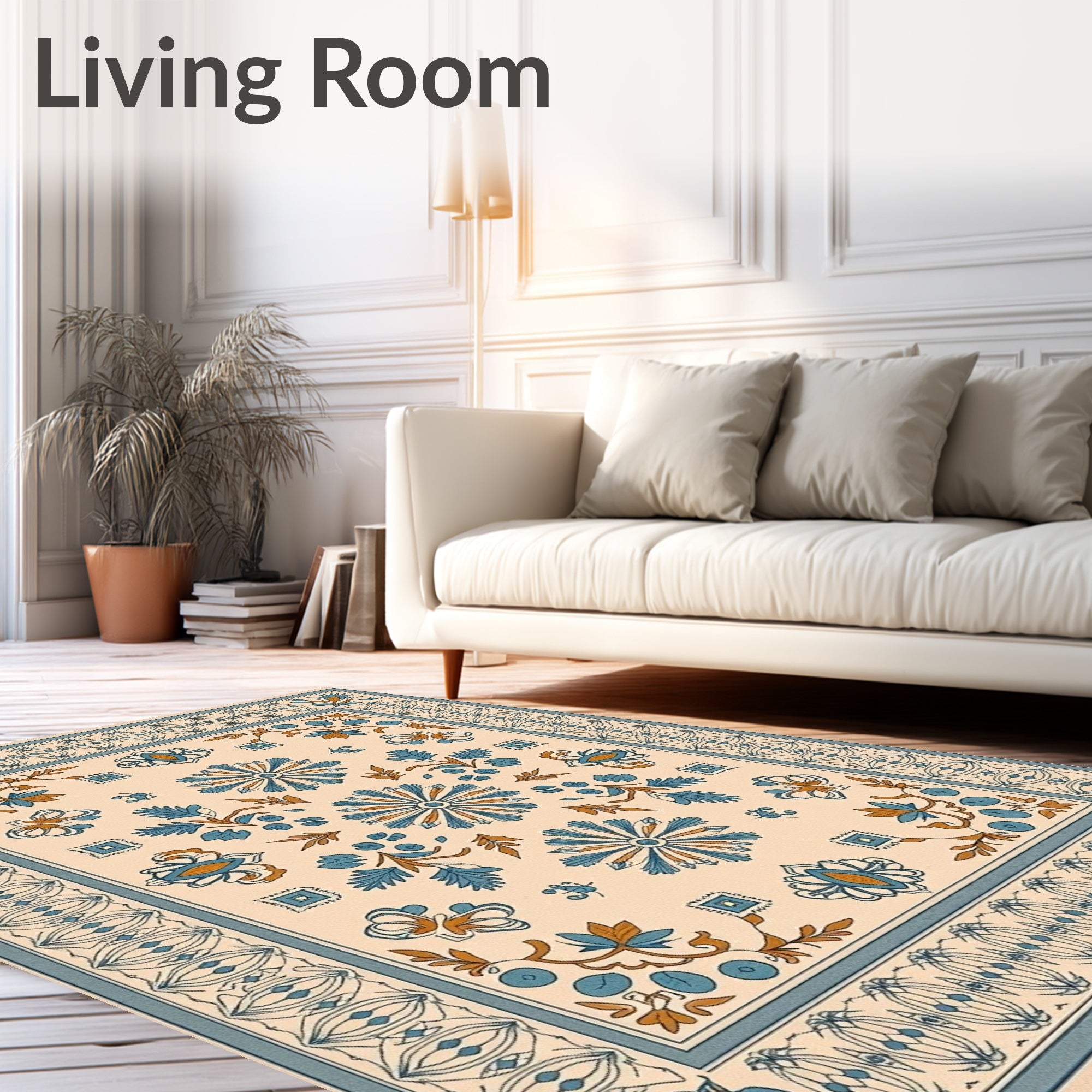 Cream Blue Floral Arabesque Rug