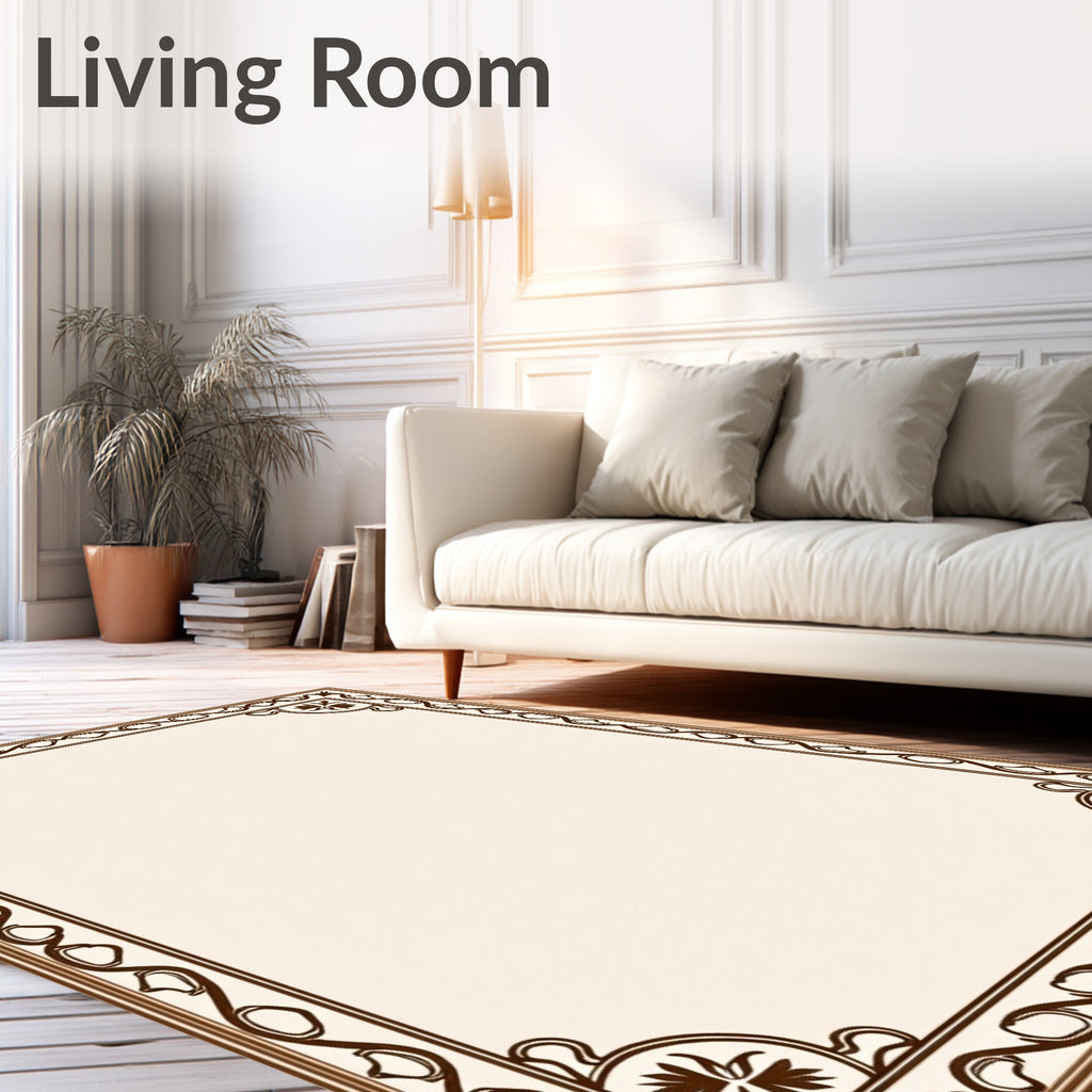 Brown Floral Bordered Ivory Cream Frame Rug