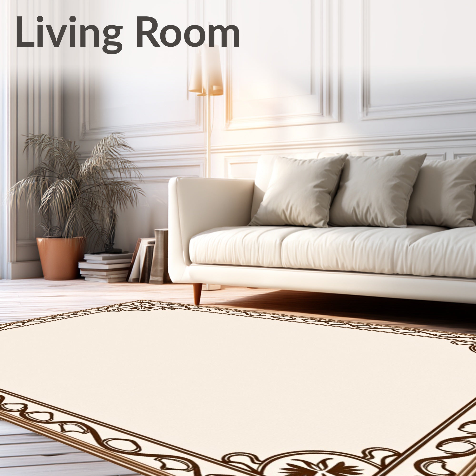 Brown Floral Bordered Ivory Cream Frame Rug