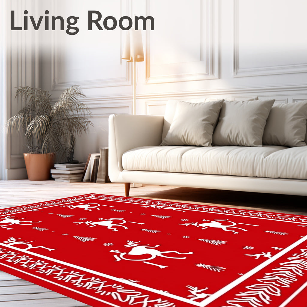 Red Whimsical Reindeer Forest Rug