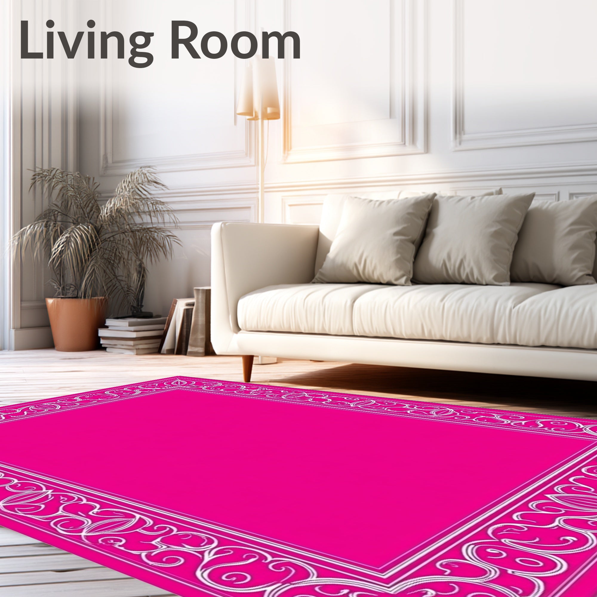 Elegant Pink White Floral Scroll Frame Rug
