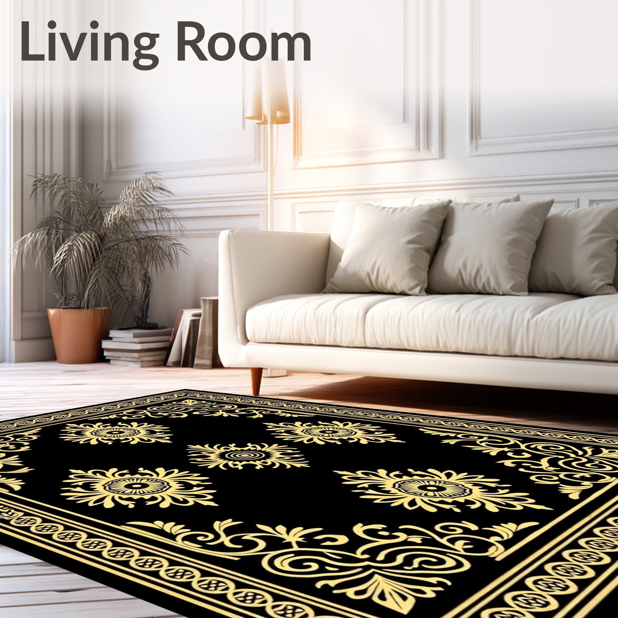 Black Gold Floral Filigree Border Rug