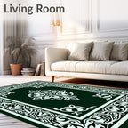 Ornate Dark Green White Medallion Border Rug