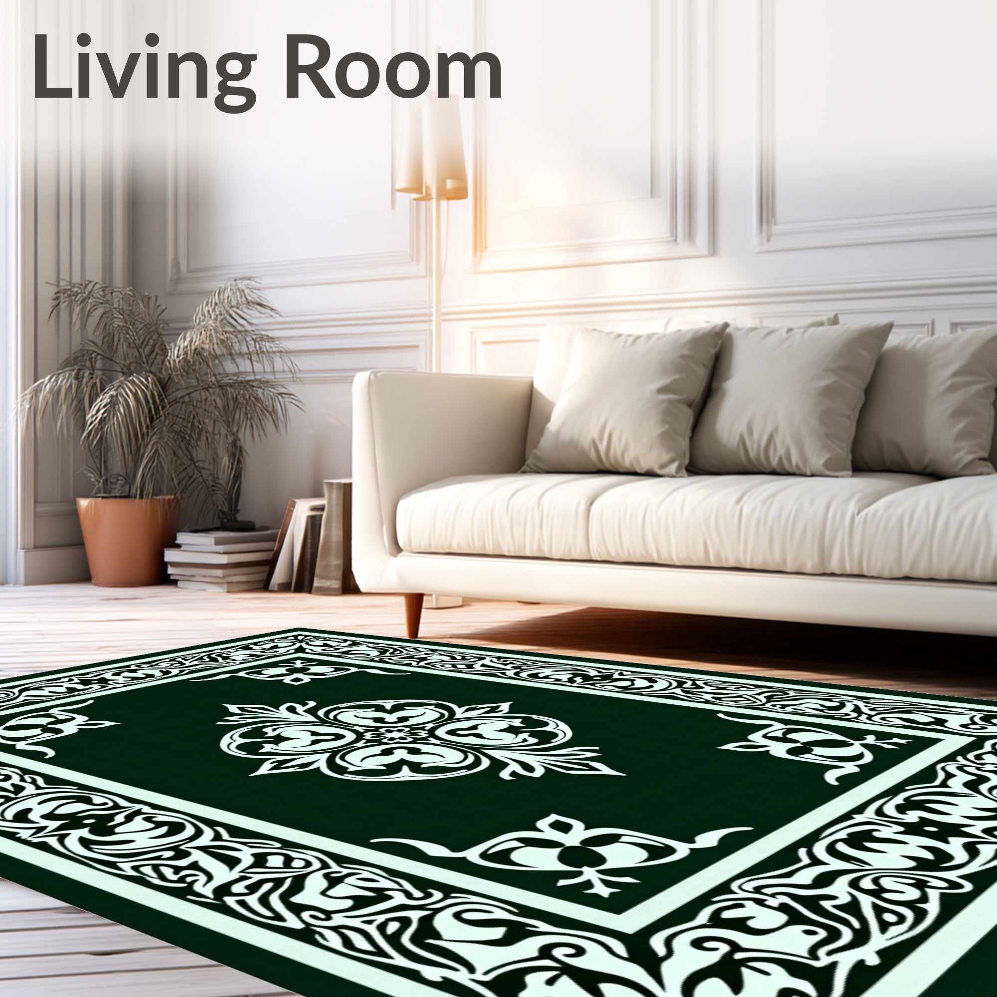 Ornate Dark Green White Medallion Border Rug