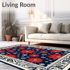 Red Poinsettia Snowflake Navy Border Rug