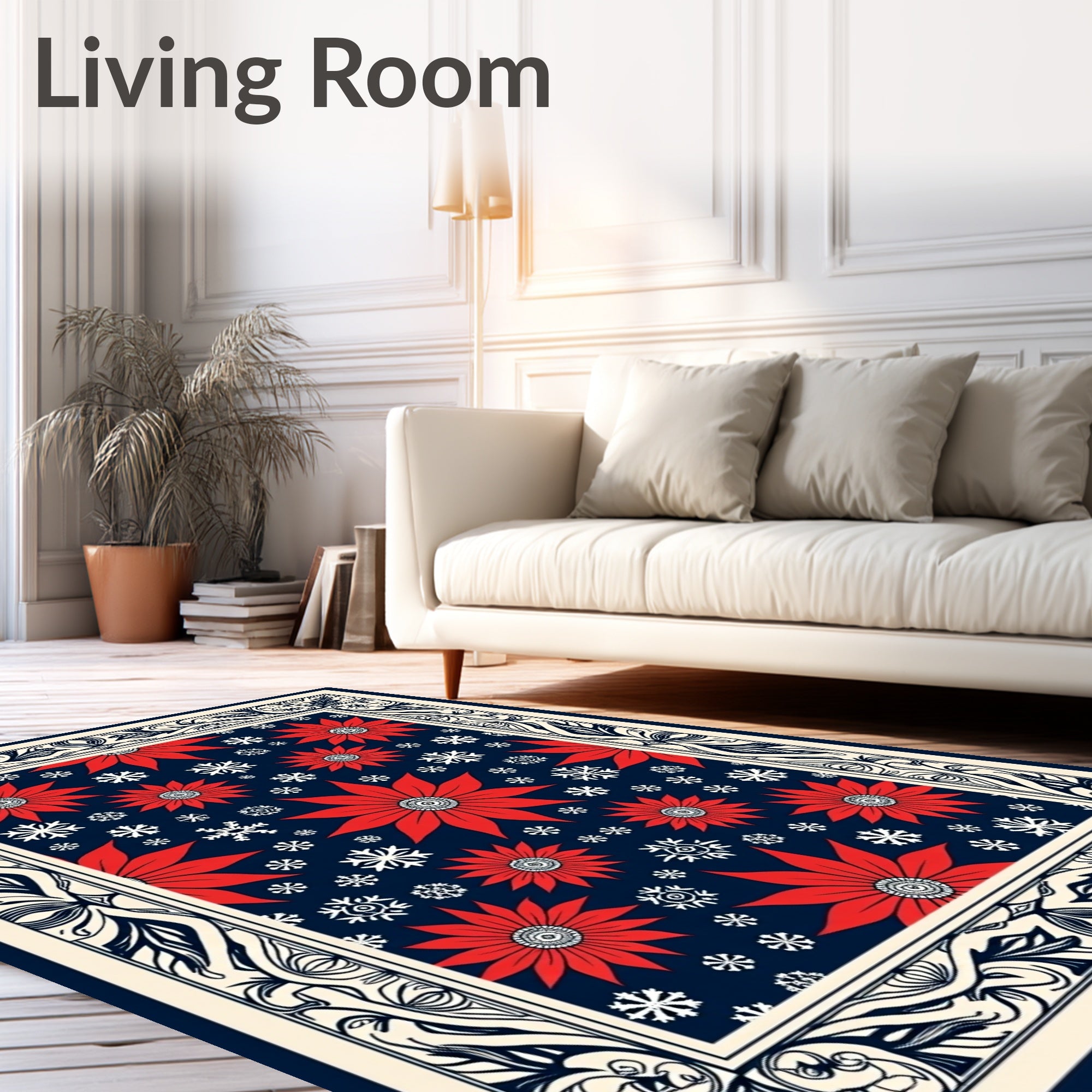 Red Poinsettia Snowflake Navy Border Rug