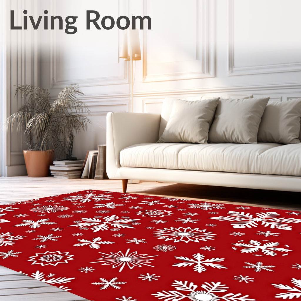 White Snowflakes on Red Background Rug