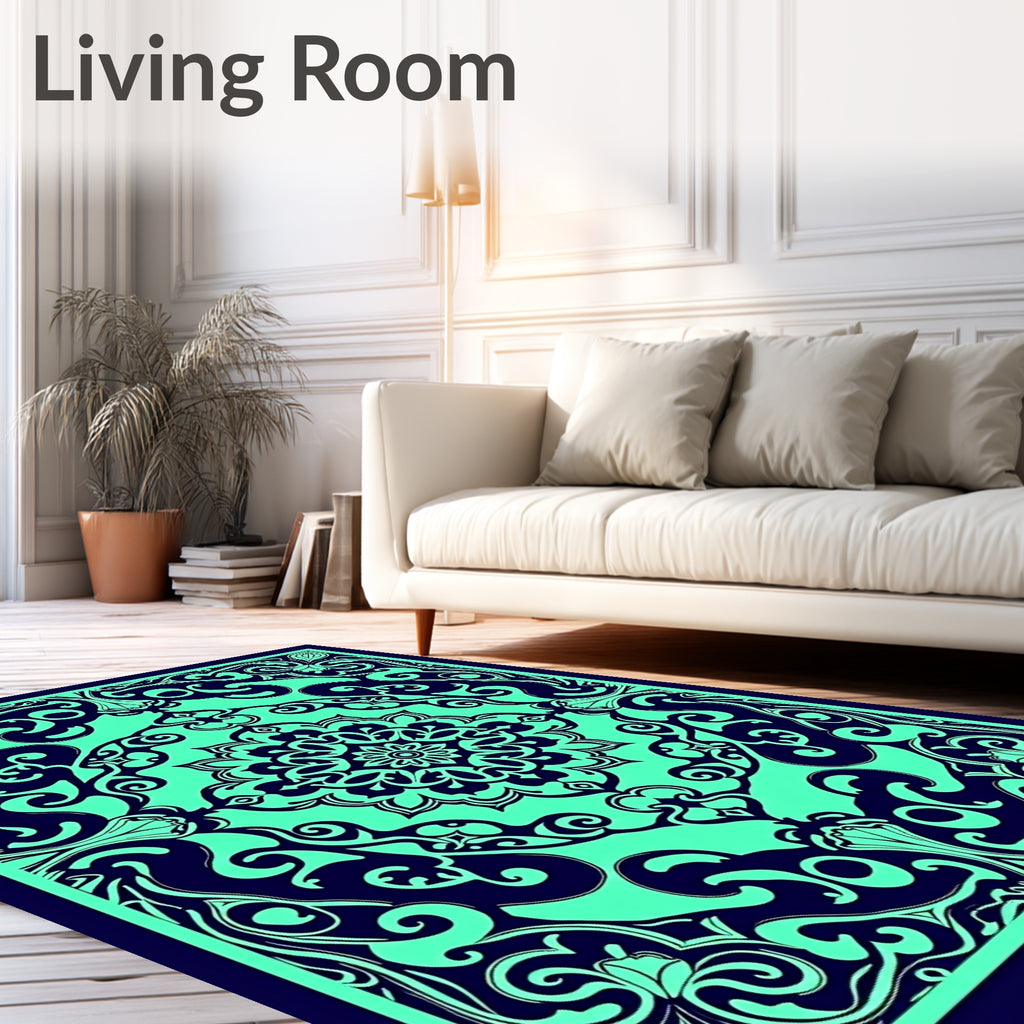 Dark Teal Floral Mandala Rug