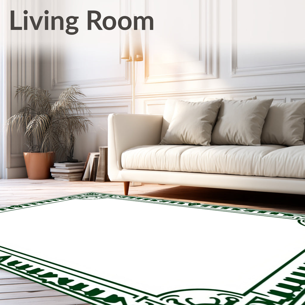 Dark Green Geometric Floral Border Rug