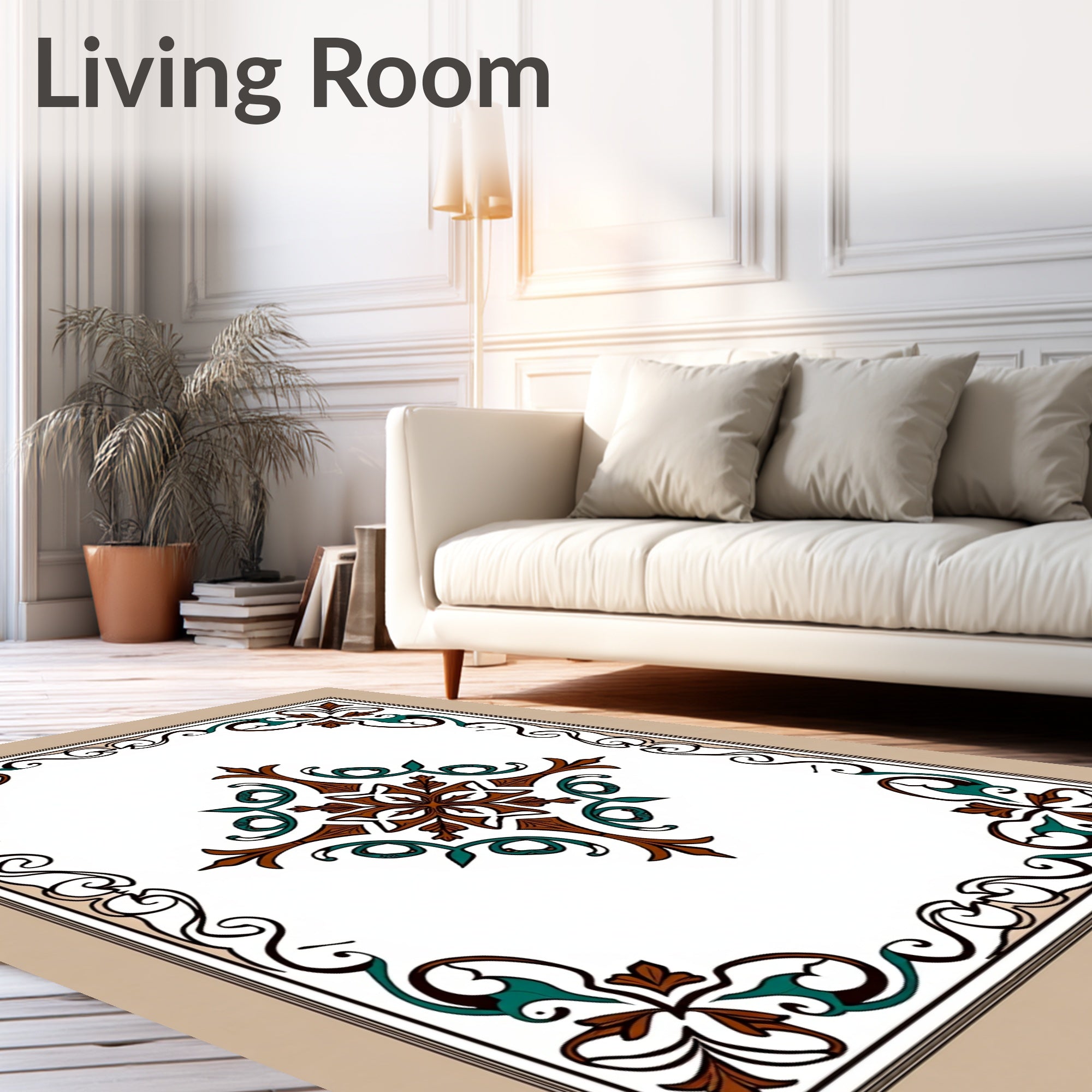 Brown Teal Floral Medallion Border Rug