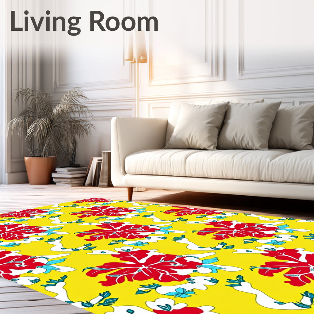Vibrant Red Floral Yellow Swirl Rug