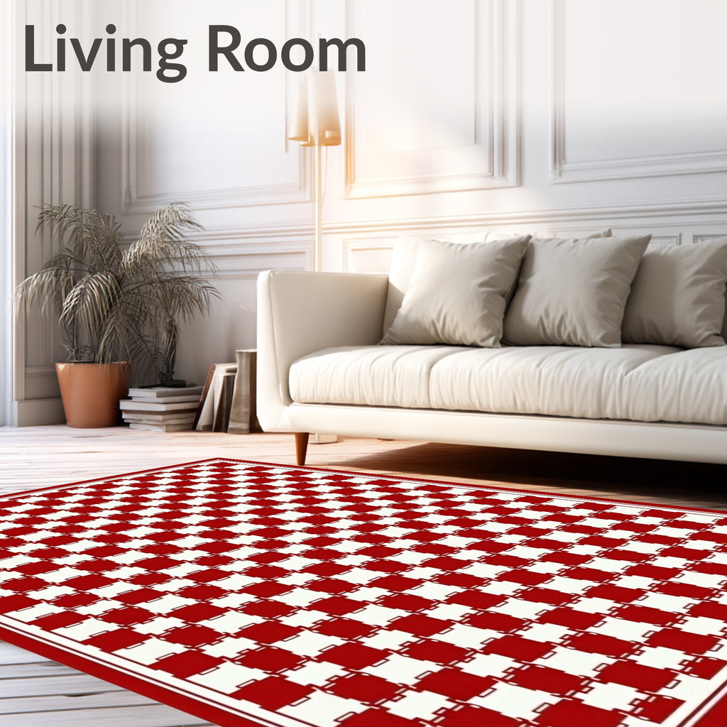 Classic Red White Checkered Grid Rug