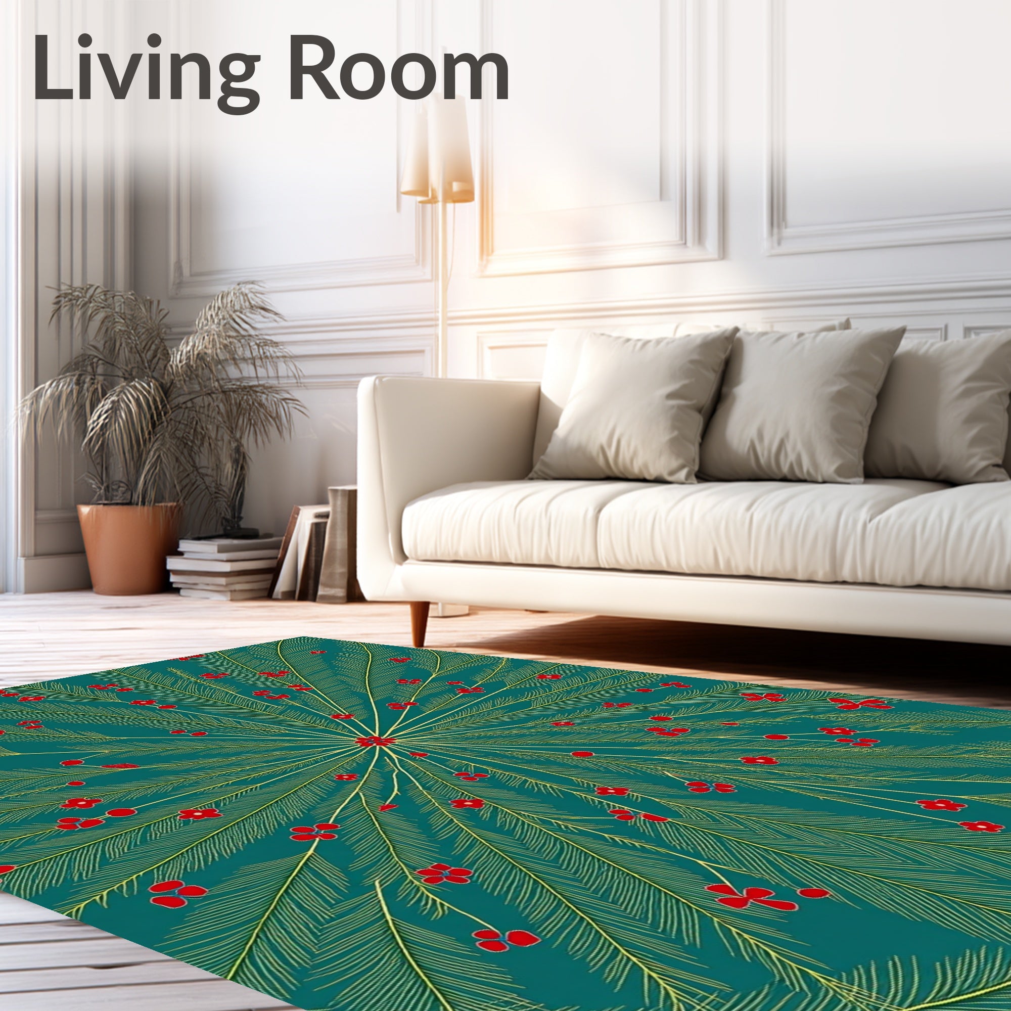 Festive Teal Gold Fern Blossom Rug