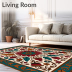 Crimson Teal Floral Medallion Frame Rug