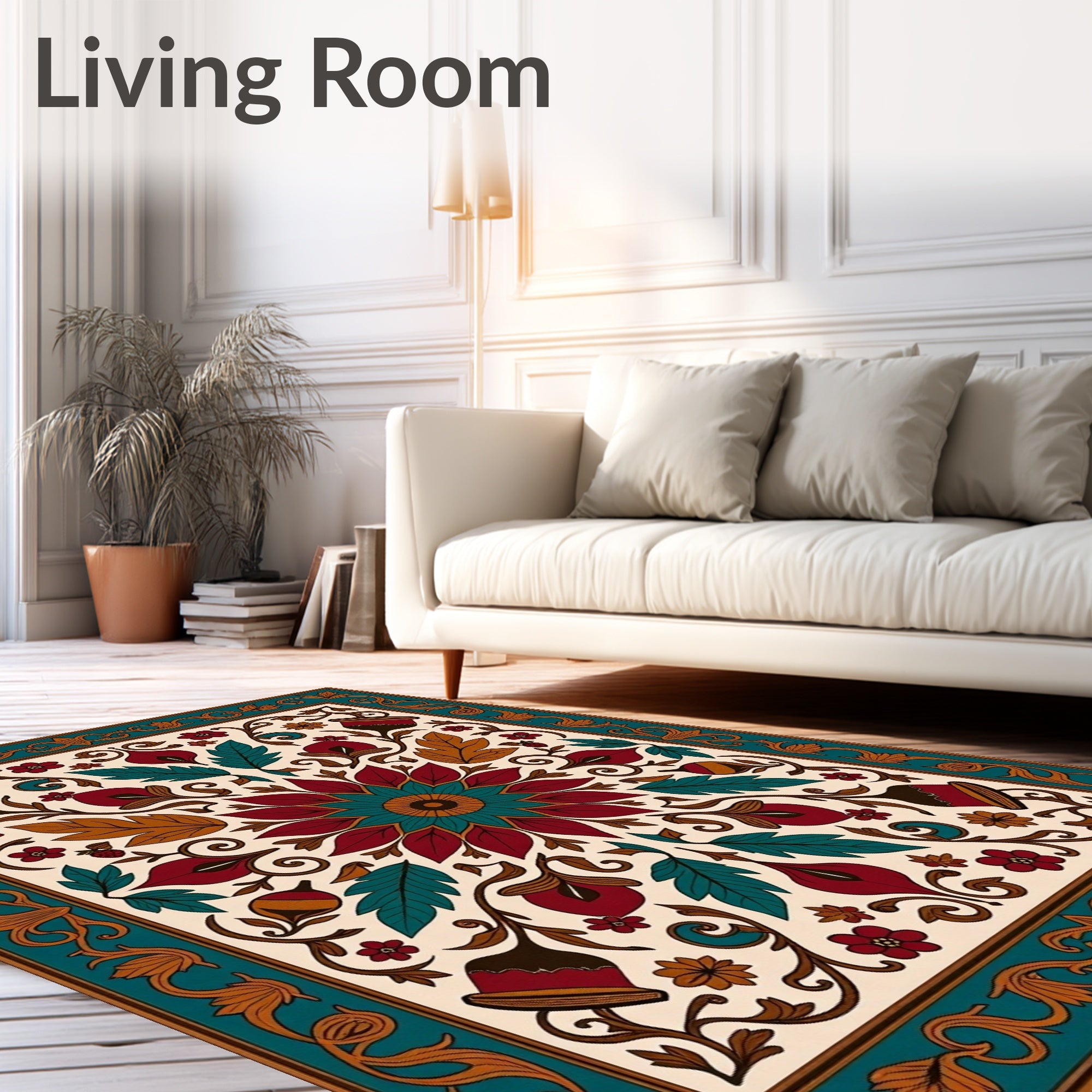 Crimson Teal Floral Medallion Frame Rug