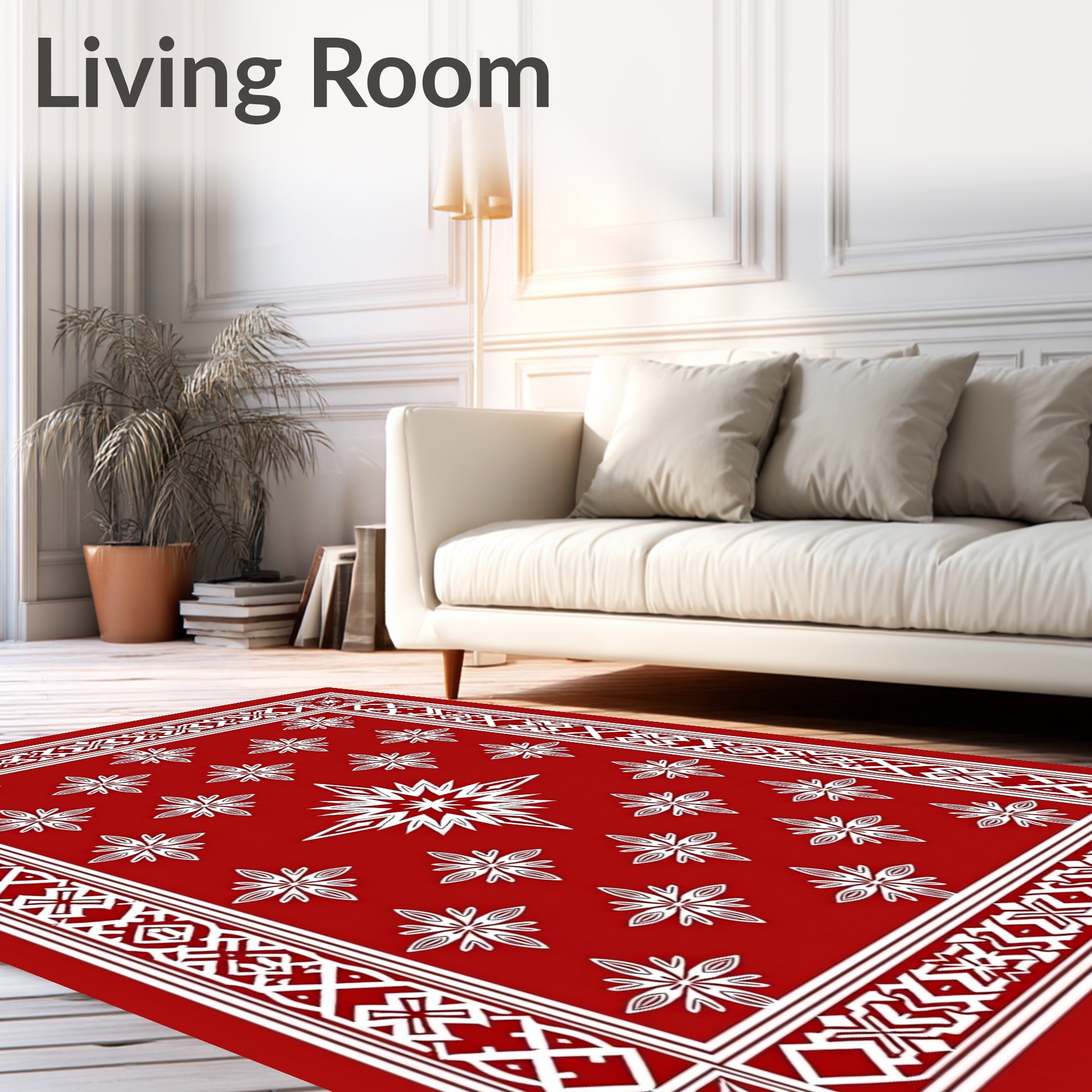 Red White Geometric Starburst Border Rug