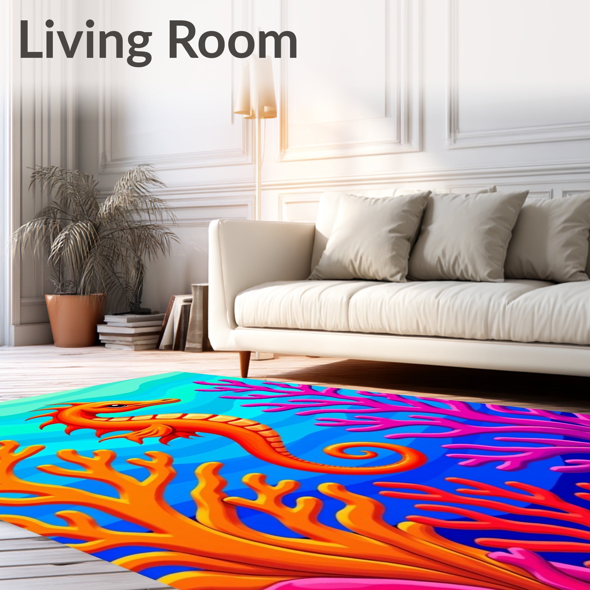 Vibrant Orange Seahorse Coral Reef Rug