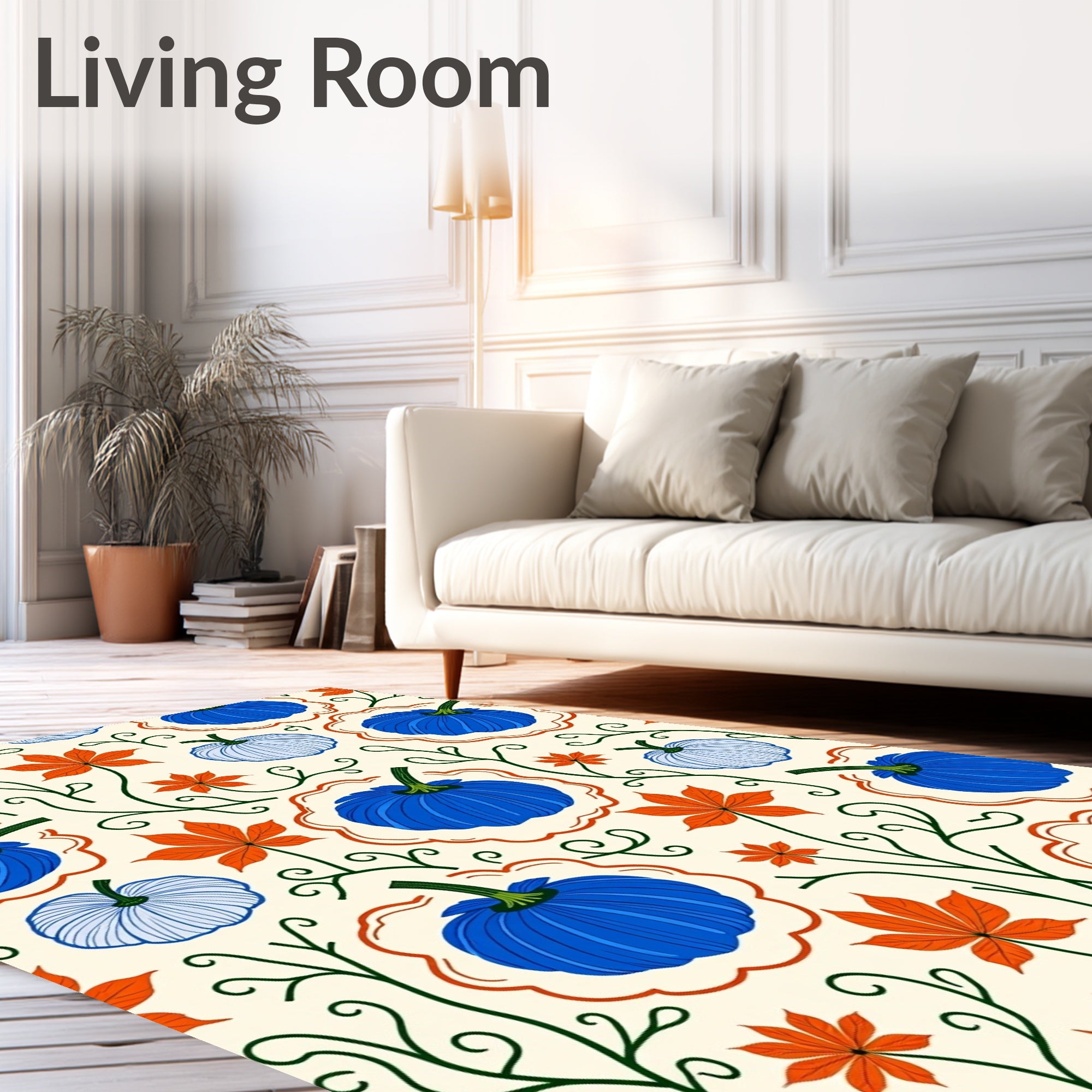 Blue Orange Autumn Pumpkin Vine Rug