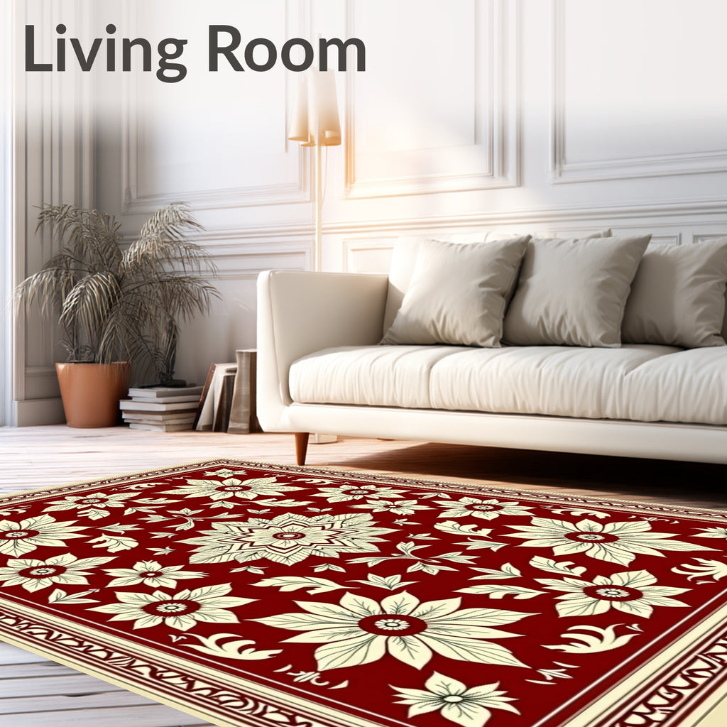 Ornate Floral Inlay Border Red Rug