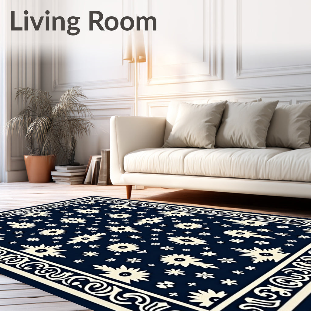 Navy White Folk Floral Medallion Rug