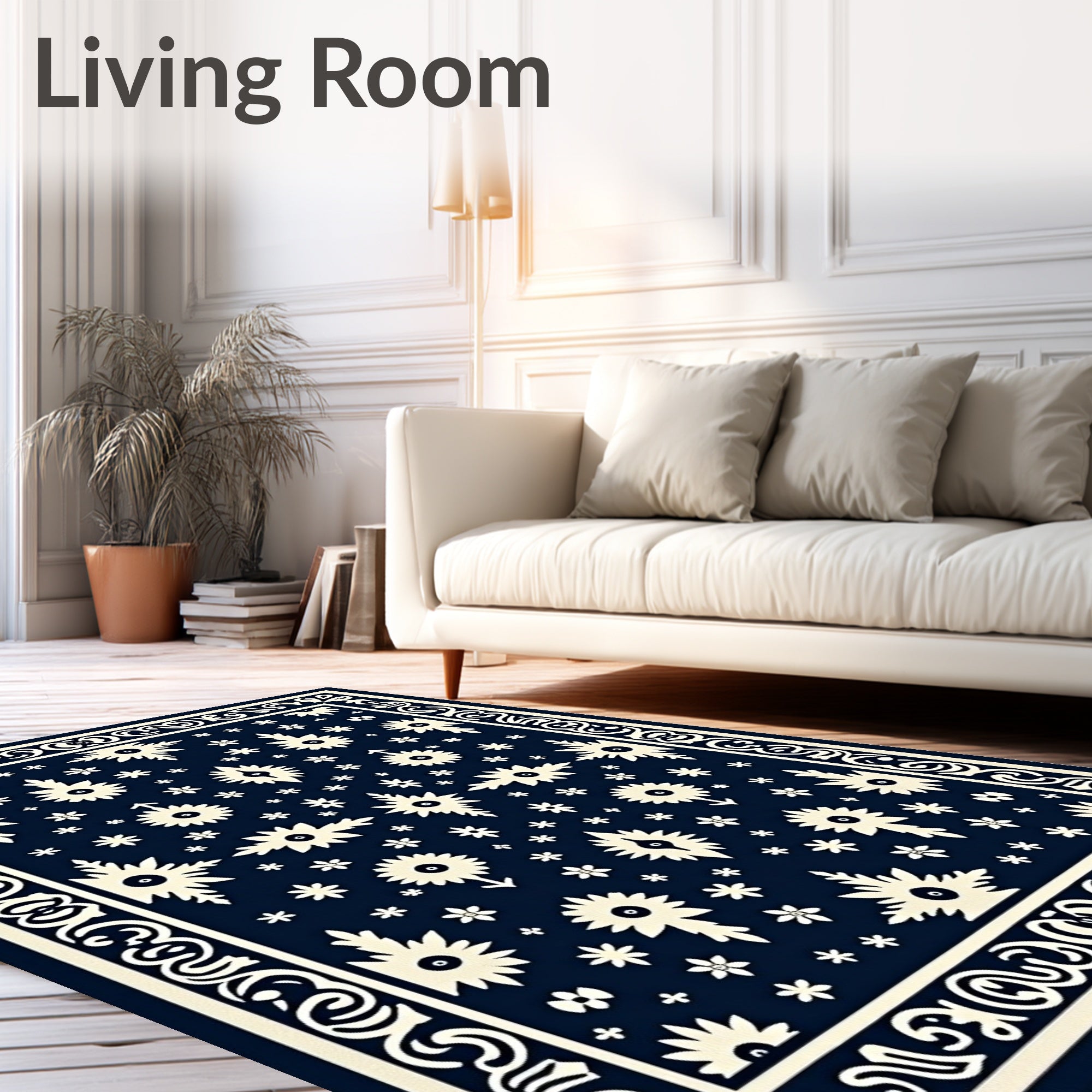 Navy White Folk Floral Medallion Rug