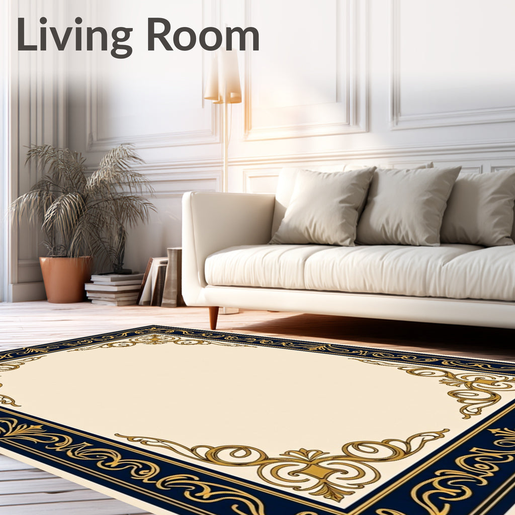 Elegant Navy Gold Scrollwork Border Rug