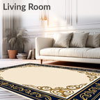 Elegant Navy Gold Scrollwork Border Rug