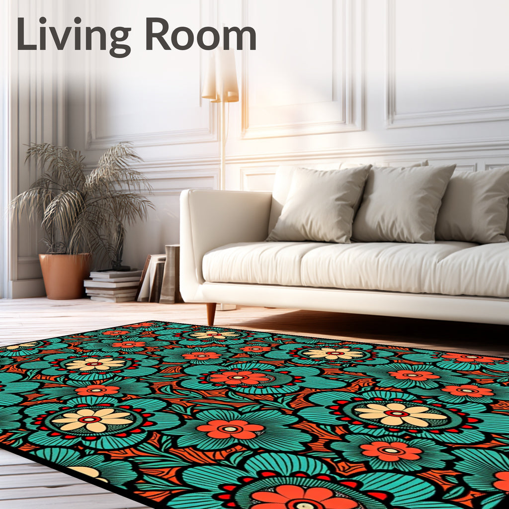 Turquoise Coral Floral Medallion Rug