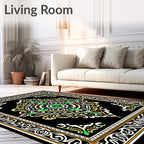 Green Floral Medallion Black Border Rug
