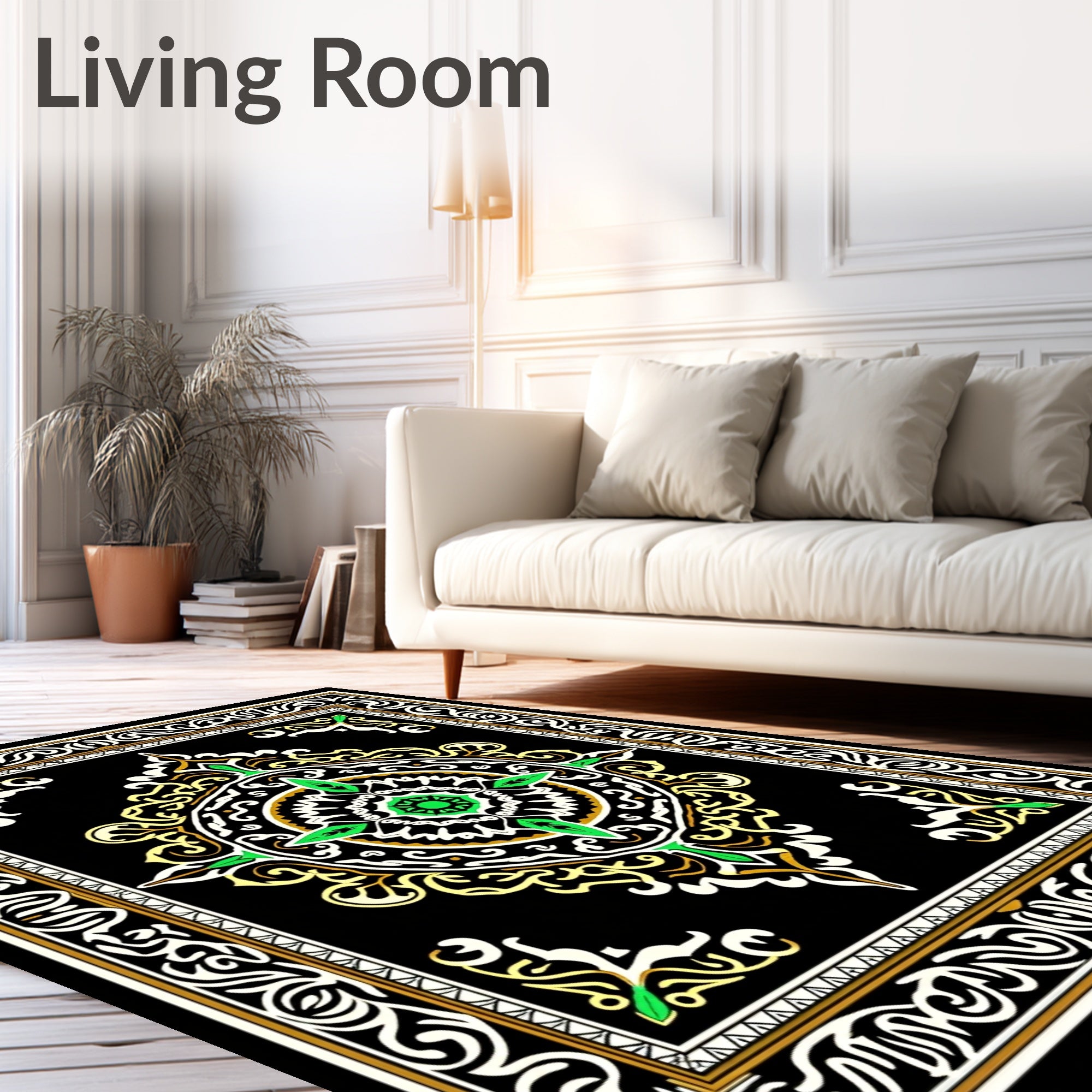 Green Floral Medallion Black Border Rug