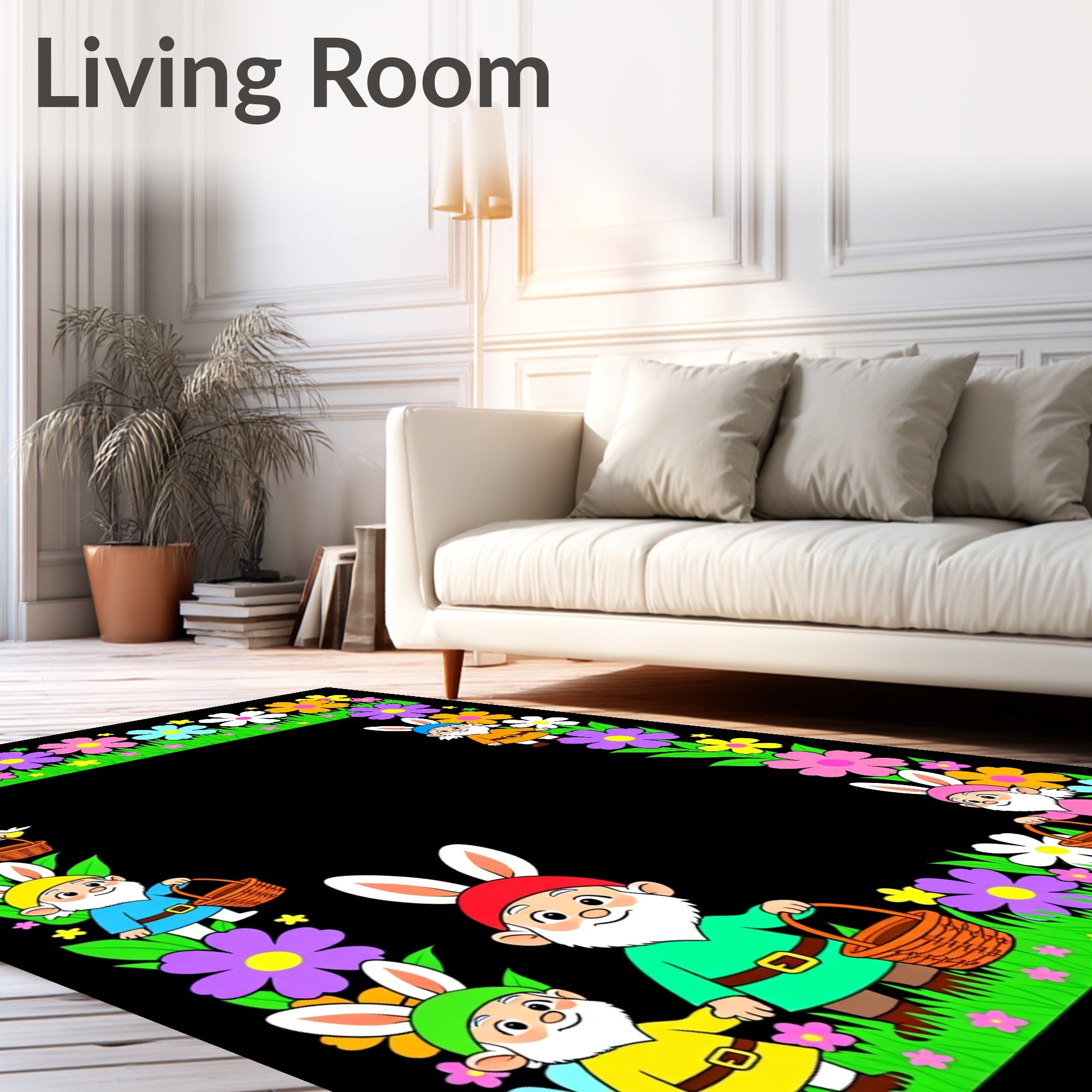 Whimsical Bunny Gnomes Flower Meadow Rug