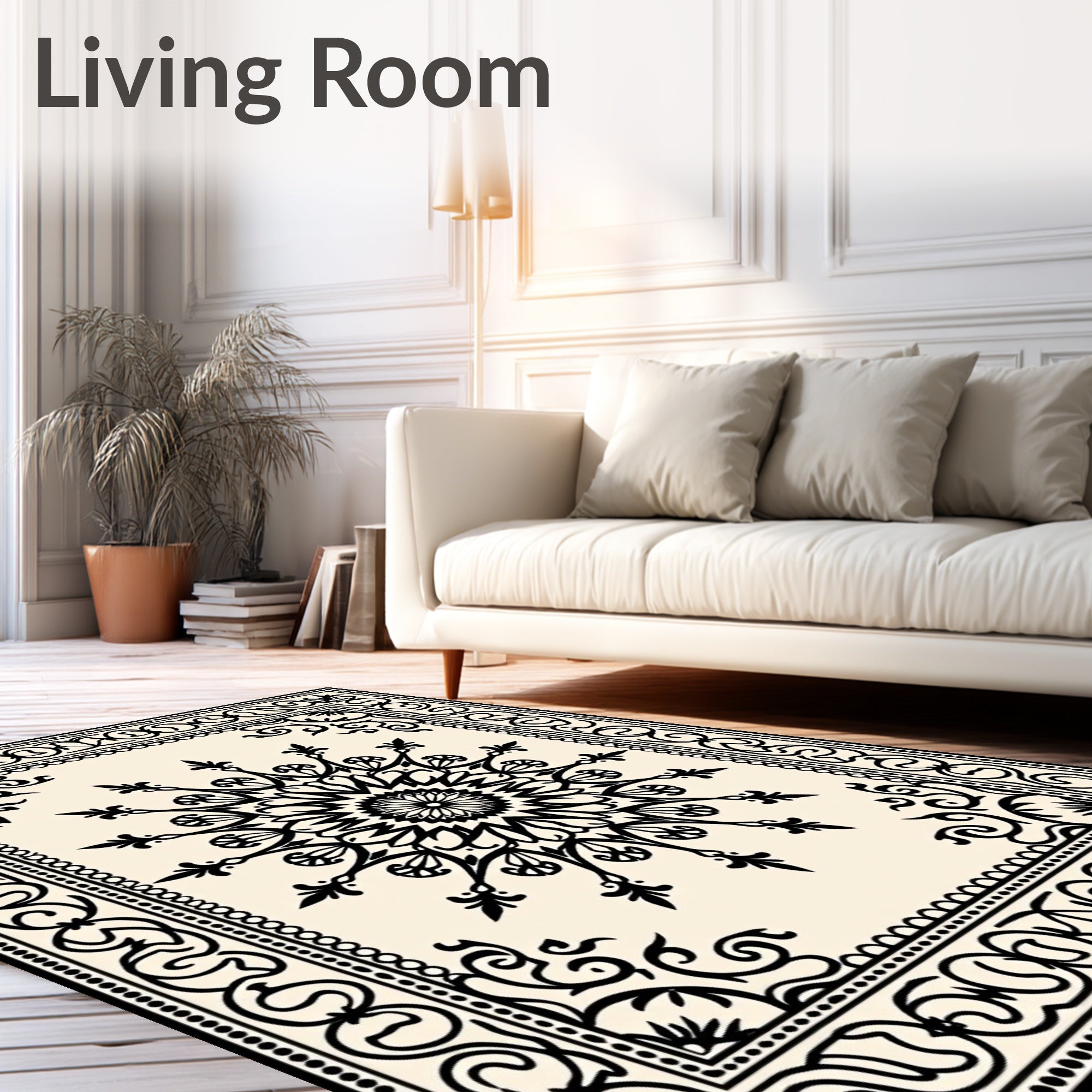 Black Sunburst Mandala Border Rug