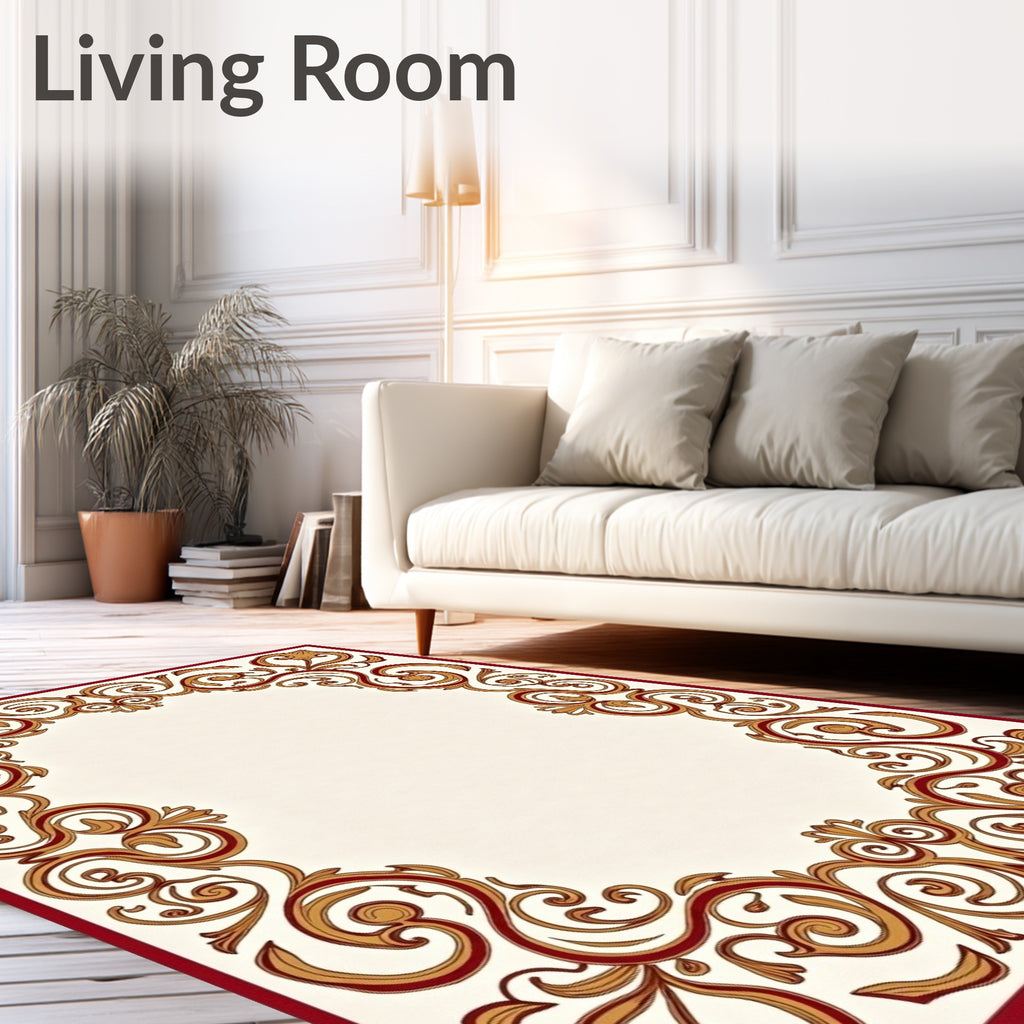 Ornate Crimson Golden Scrollwork Border Rug